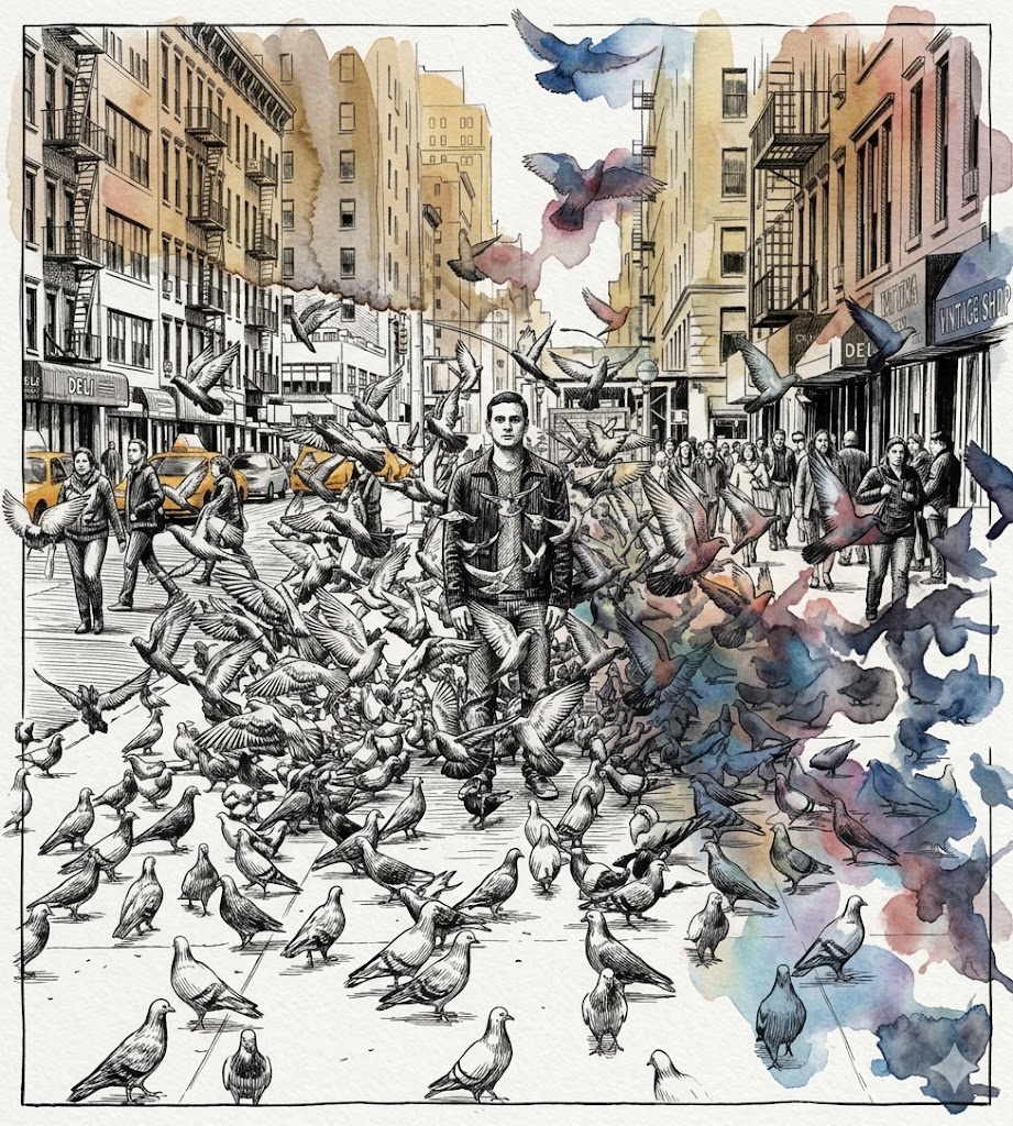 The Growing Season animated concept image showing a man in a city street surrounded by pigeons and ink-wash colour.