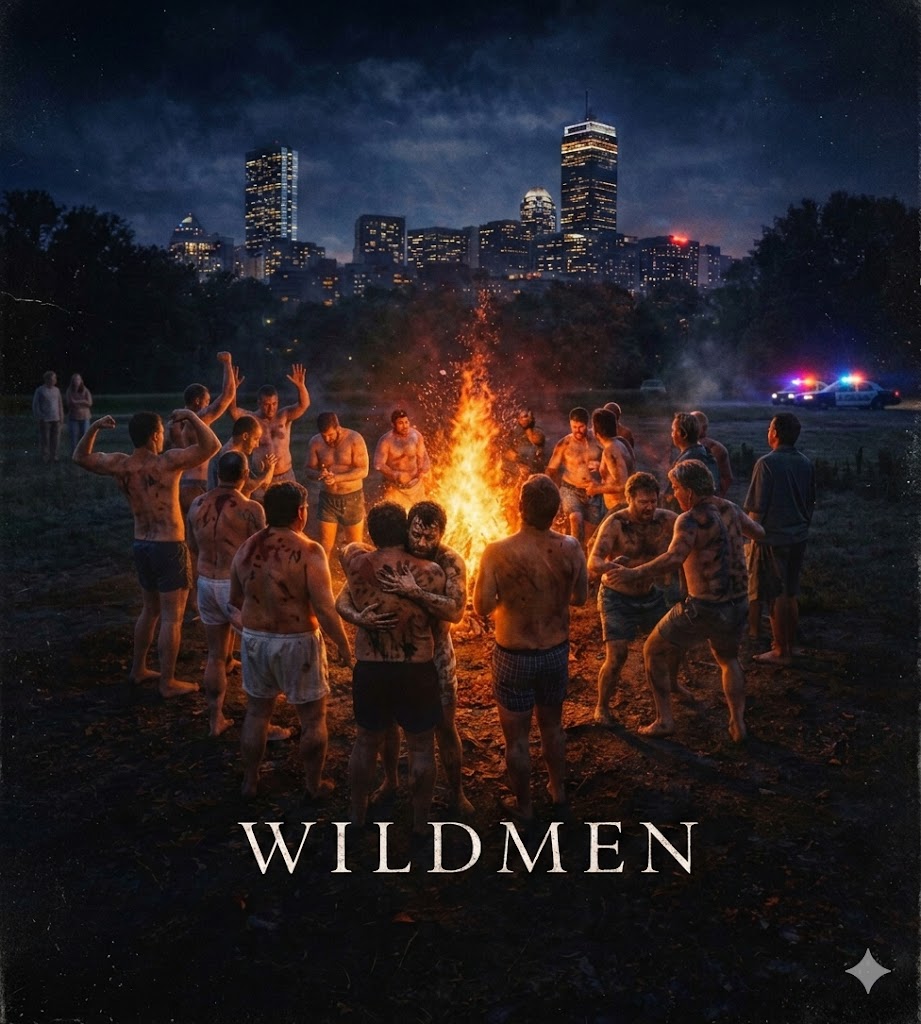 Wildmen fire gathering near a city skyline.